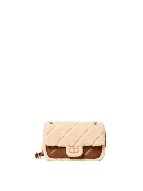 Borsa da donna in ecopelle trapuntata, tracolla in catena,dettagli shearling, color cuoio. TWINSET | 252TD811012422
