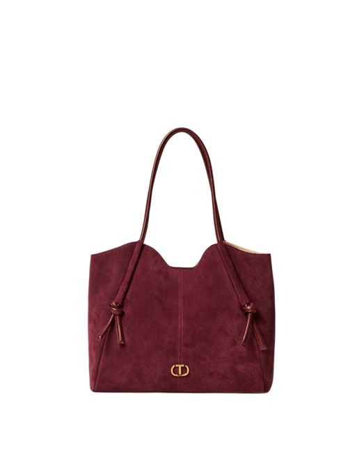 Borsa da donna in pelle scamosciata, shopper, manici in pelle, colore bordeaux. TWINSET | 252TD835005609