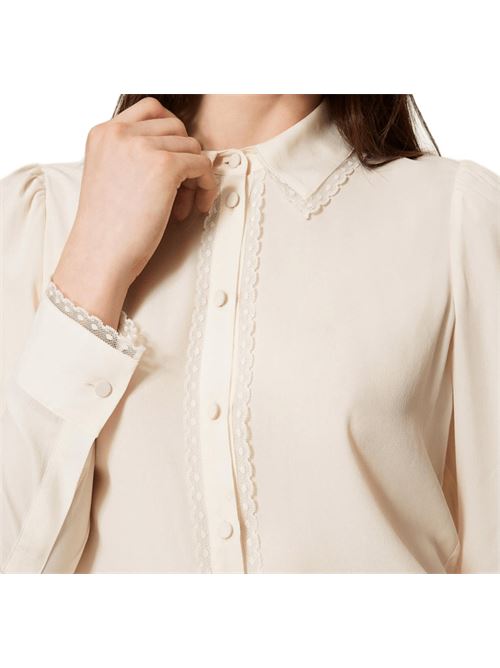 Camicia da donna in misto seta, maniche lunghe, dettagli in pizzo, color avorio TWINSET | 252TT214200282