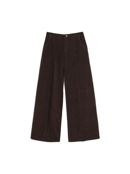 Pantaloni da donna in velluto stretch, gamba ampia, color marrone scuro. TWINSET | 252TT218011054