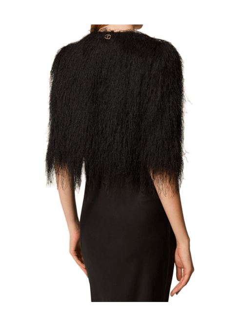 Giacca da donna in tessuto effetto franghe, manica corta, colore nero. TWINSET | 252TT230000006