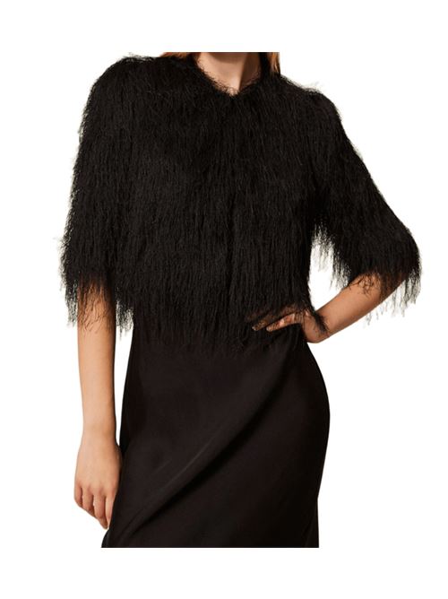 Giacca da donna in tessuto effetto franghe, manica corta, colore nero. TWINSET | 252TT230000006