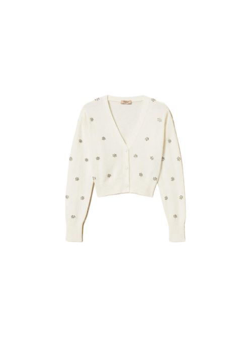 Cardigan da donna in misto lana, manica lunga, fiori strass applicati, color neve. TWINSET | 252TT318000282