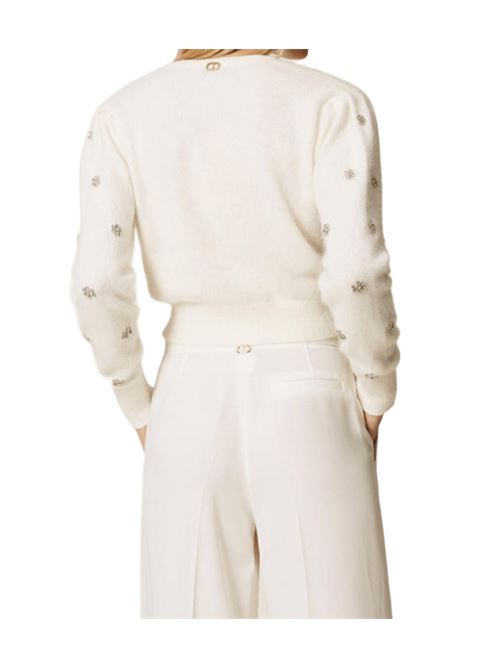 Cardigan da donna in misto lana, manica lunga, fiori strass applicati, color neve. TWINSET | 252TT318000282