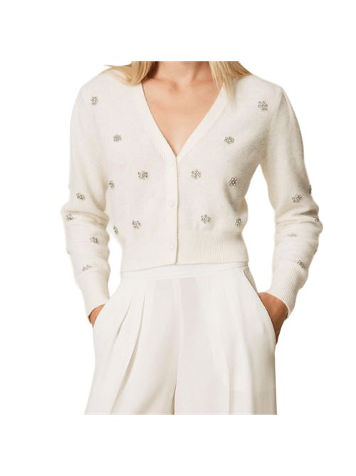 Cardigan da donna in misto lana, manica lunga, fiori strass applicati, color neve. TWINSET | 252TT318000282