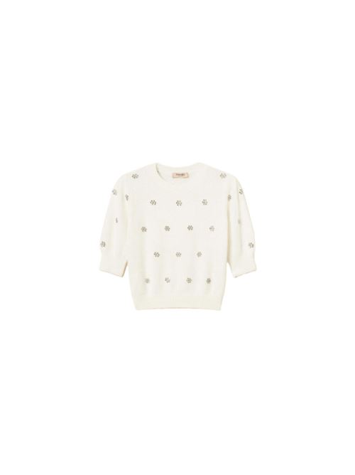 Maglia da donna da donna in misto lana, manica corta, fiori strass applicati, color neve. TWINSET | 252TT318100282