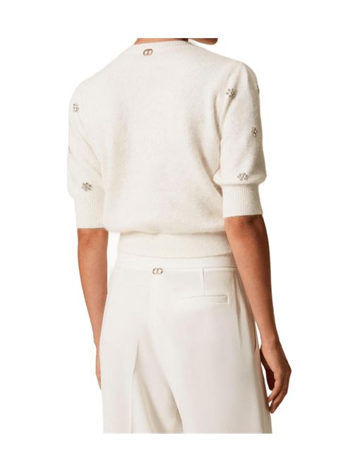 Maglia da donna da donna in misto lana, manica corta, fiori strass applicati, color neve. TWINSET | 252TT318100282