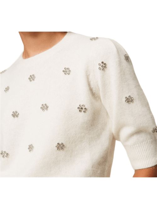 Maglia da donna da donna in misto lana, manica corta, fiori strass applicati, color neve. TWINSET | 252TT318100282