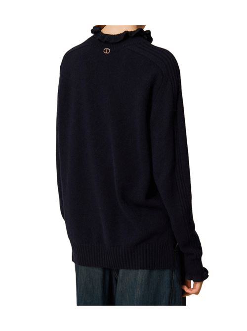 Maglia da donna in misto lana, collo lupetto, volant, colore blu TWINSET | 252TT335011956