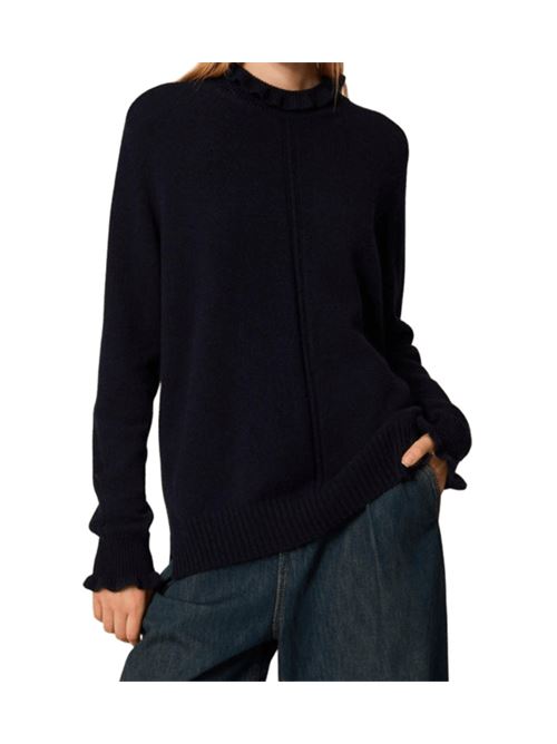 Maglia da donna in misto lana, collo lupetto, volant, colore blu TWINSET | 252TT335011956