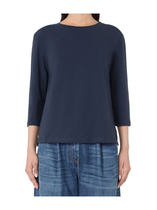 T-shirt basic da donna in cotone elasticizzato, manica a 3/4, colore blu WEEKEND MAX MARA | 5946035106006