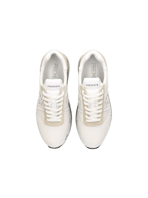 sneakers donna platform pelle bianca, camoscio beige, logo bianco PREMIATA | BETH5603