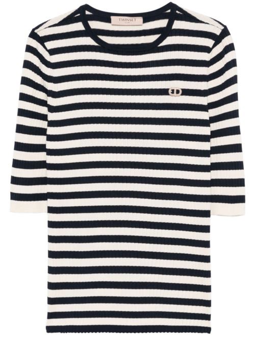 maglia donna righe misto viscosa manica 3/4  bianco/ blu notte TWINSET | MAGLIERIA | 251TP347012342