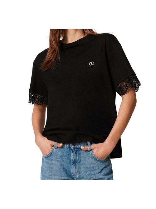 t-shirt donna maniche corte pizzo cotone nera TWINSET | 251TT241000006