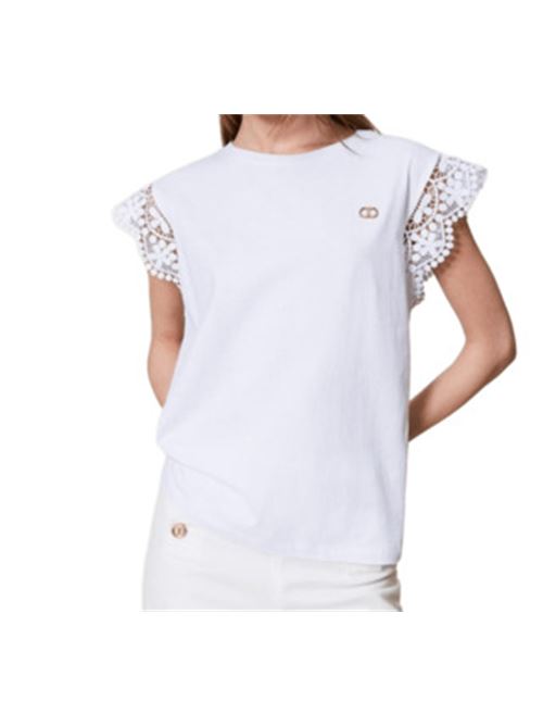 t-shirt donna maniche ad aletta pizzo cotone bianco TWINSET | 251TT241100001