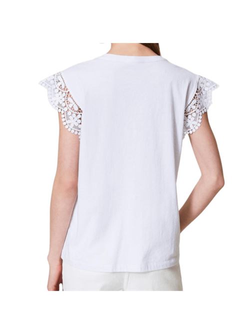 t-shirt donna maniche ad aletta pizzo cotone bianco TWINSET | 251TT241100001