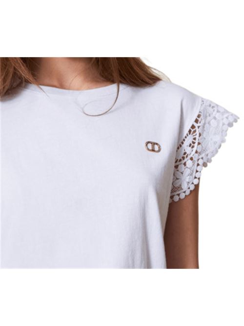 t-shirt donna maniche ad aletta pizzo cotone bianco TWINSET | 251TT241100001